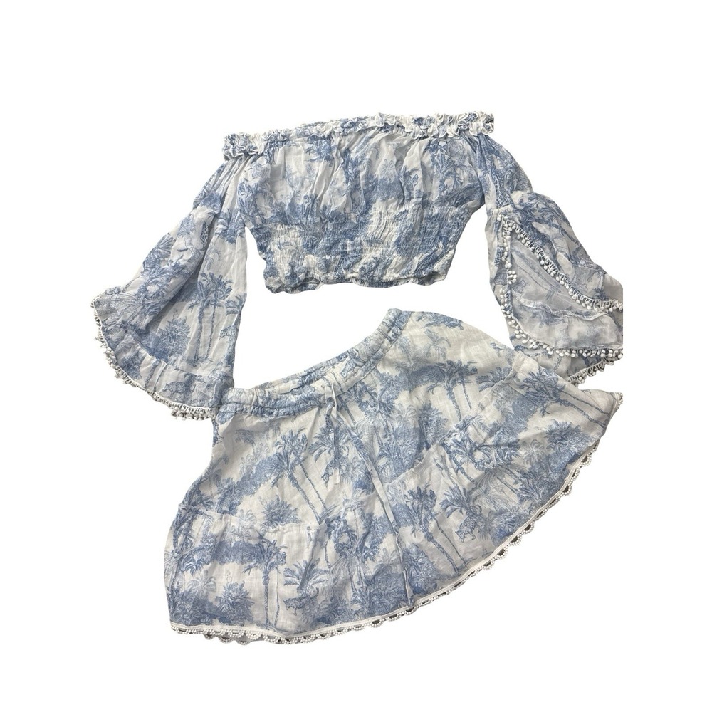 positano couture linen 2pc set blue cropped bell sleeve skirt sz S M